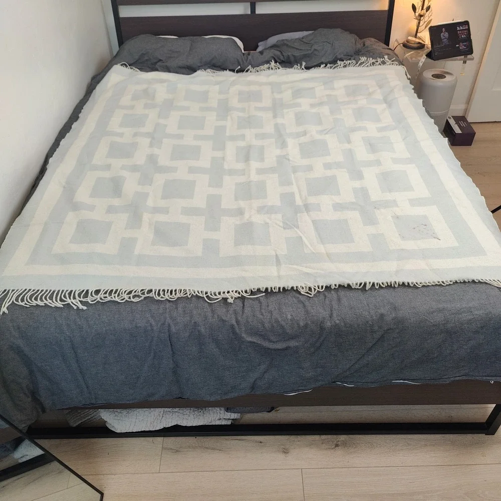 Jonathan Adler Greek Key Throw Blanket OS Blue White Alpaca Fringe Geometric MCM